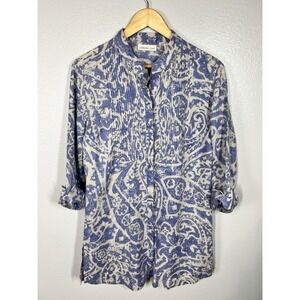 Coldwater Creek Womens Linen Tunic Top Medium Periwinkle Blue Pleated Paisley